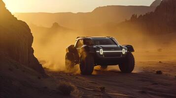 The camera follows the headlights of an offroad vehicle as it treks through a dusty desert landscape highlighting its rugged capability and powerful lighting in harsh environments photo
