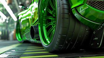 Closeup of the underside of a green sports car where a large diffuser can be seen directing air out and away from the car to create a vacuum effect and increase overall downforce photo
