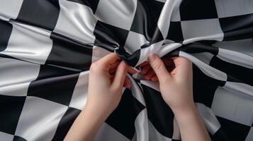 A pair of hands carefully unfolding a checkered flag revealing its iconic black and white pattern. The fabric is smooth and crisp to the touch indicating its quality photo