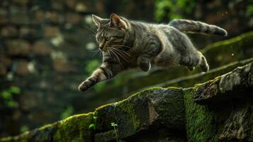 Closeup of a feral cat leaping gracefully over a mosscovered wall its nimble body reflecting the silver glow of the moon as it navigates its way through the ruins photo
