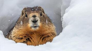 Closeup of a marmot braving the cold winter weather as it ventures out of its burrow its thick fur coat and round body providing insulation against the snowy surroundings photo