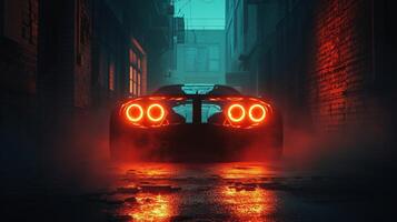 In a dark alleyway the headlights of a street racing car glow like two fiery orbs symbolizing the intense competitiveness and thrill of the race about to begin photo