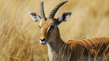 Closeup of an antelopes delicate ears flattened against its head trying to shield itself from the harsh winds as it struggles to maintain its footing photo
