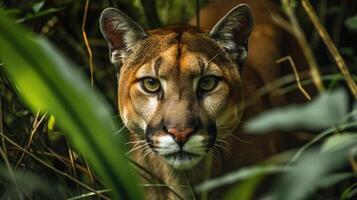 Closeup of a sleek and powerful puma its sharp amber eyes fixed on its prey as it glides silently through the dense underbrush photo