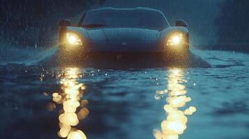 In this footage the headlights of a car drive through a blanket of rain creating a shimmering effect on the waters surface photo