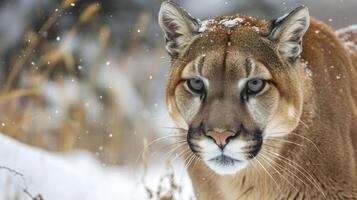 Closeup of a weathered cougar its face marked with scars and battle s from its life in the unforgiving snowy landscape. Despite its rugged appearance there is still a hin photo