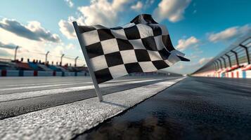 The checkered flag waving vigorously in the breeze signaling the end of the race and the final chance for the trailing cars to make their move photo