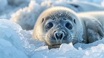 Closeup of a seal pups inquisitive gaze peering curiously into the camera as it rests on the icy surface its fur ruffled by the gentle winter breeze photo