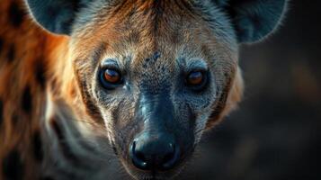 A hyenas eyes fixated on its surroundings the pupils dilating to take in as much light as possible. In low light conditions their heightened senses are crucial for survival photo