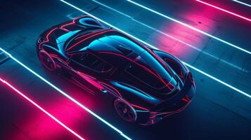 Topdown view of neon lines following the curves of the cars roof adding a dynamic and modern element to the cars profile photo