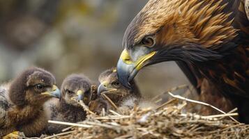 Closeup of a mother Golden Eagle carefully feeding regurgitated food to her hungry chicks her beak gently nudging the little ones as they eagerly peck for sustenance photo