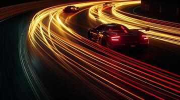 Every sharp turn and acceleration is captured in stunning detail as the light trails of the cars trace their path along the racetrack photo