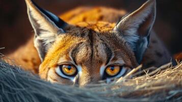 Closeup of a Caracals vibrant amber eyes peeking out from behind a bundle of flattened fur. They appear almost mesmerized by soing in the distance their ears alert and angle photo
