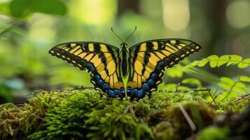 Closeup of a tiger swallowtail erfly resting on a patch of moss its wings adorned with intricate patterns of black and yellow glistening in the dappled light of the fores photo