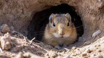Closeup of a fluffy Mongolian Gerbil nestled inside its partially covered burrow taking a moment to rest after a long session of digging and burrow maintenance photo