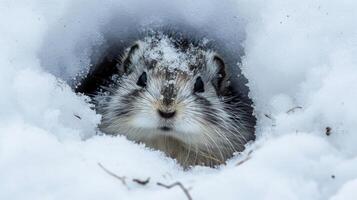 Closeup of a Collared Lemming emerging from its snow burrow its fluffy fur covered in snow and its head peeking through the opening photo