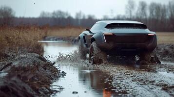 The camera focuses on the rear of an offroading SUV as it splashes through a muddy swamp showcasing the unique design of the rear spoiler that directs the airflow over th photo