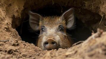 Closeup of a hog peering out of an underground burrow the worried expression on its face suggesting it is hesitant to leave the safety of its shelter photo