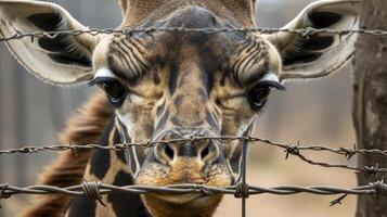 Closeup of a giraffes face showing a pensive expression as it peers through a barbed wire fence separating its natural habitat from a human settlement photo