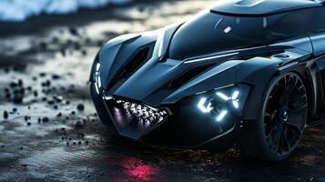 In this shot we see a pair of headlights with a funky and angular design featuring a mix of glossy and textured materials. The headlights are also equipped with rotating beam photo