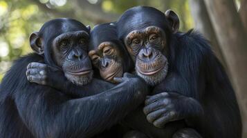 Closeup of a chimpanzee family clinging onto each other for support as their home continues to be destroyed around them. Their expressions show both sadness and determinatio photo