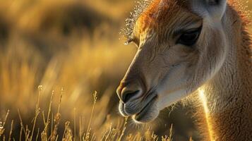 A closeup of a guanacos velvety nose damp from the morning dew as it sniffs the gr for the freshest blades. The intricate patterns and textures of its coat are highlighte photo