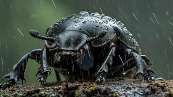 Closeup of a large shiny dung beetle with its hind legs splayed out in front of it its shiny exoskeleton glistening with droplets of rain as it takes a moment to rest fro photo