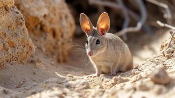 Closeup of a jerboas focused expression as it anticipates the movement of a nearby sand pile ready to make a daring escape photo