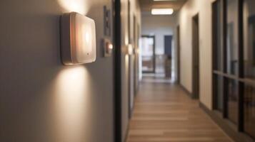 A motion detector in a hallway triggering lights to turn on only when someone walks by helping to conserve energy in lowtraffic areas photo