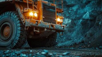 Closeup of a mining trucks headlights shining brightly as it carries tons of heavy materials showcasing the ruggedness and endurance of the vehicle in challenging industria photo