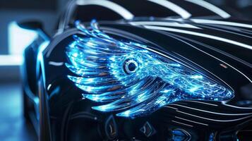 A closeup of a cars headlights where each light is encased in a sculpted angel wing giving the vehicle an ethereal and otherworldly appearance photo