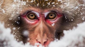 Closeup of a curious macaque with bright eyes and rosy peering through a blanket of powdery snow photo