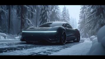 The headlights create a cozy and inviting atmosphere in the midst of the cold and snowy conditions with their warm glow giving a sense of comfort in the wintry world outside photo