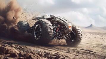 A dustcovered quad bike jumps over a series of dirt mounds its exposed engine giving a glimpse of the specially designed air intake system that allows for optimal performanc photo