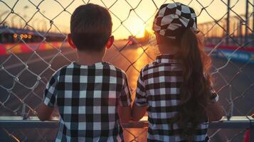 A little boy and girl both donning matching checkered flag tshirts stand side by side at the fence eagerly watching the cars zoom by photo