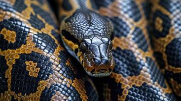 Closeup of the intricate patterns on an anacondas skin perfectly designed to camouflage and blend in with the surrounding wetland environment photo
