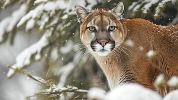 Closeup of a regal cougar its fur fluffed up against the chilly winter weather. The cold has not subdued its commanding presence as it stands tall and confident a the snowcovere photo