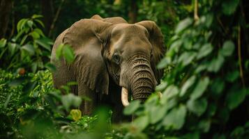 Closeup of an elderly forest elephant delicately picking at leaves and branches along the trail its wise eyes reflecting the wisdom and experience of surviving in the forest photo