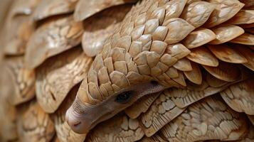 Closeup of the intricate patterns and textures of a pangolins scales as it curls into a ball for selfpreservation photo