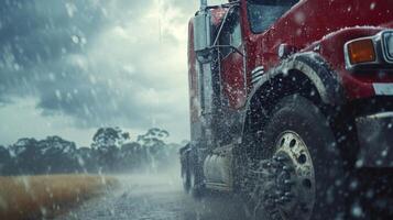 Slowmotion footage of a trucks side mirrors vibrating and shaking from the force of turbulent air as it pes by photo