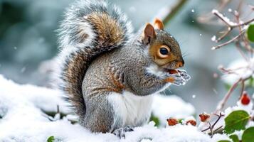 Closeup of a content squirrel with a thick tail savoring the taste of a freshly picked snowcovered nut in its mouth photo