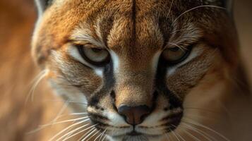 Closeup of a Caracals face almost hidden ast the flattened fur that covers its body. Its expression is one of intense focus as it zeroes in on its prey and prepares to strike photo