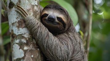 Closeup of a sleepy sloth slowly making its way up a tall tree its long claws tightly grasping onto the bark photo