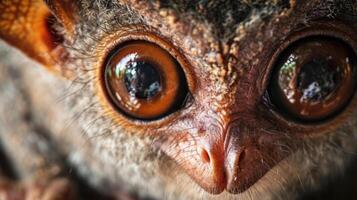 Closeup of a tarsiers face with its large eyes dominating the image. Its curious gaze seems to pierce through the screen photo