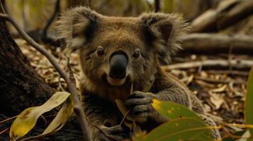 Closeup of a koalas halfeaten meal of scorched leaves a scarce and inadequate food source in the wake of widespread habitat destruction highlighting the devastating impac photo