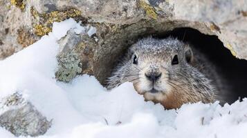 Closeup of a hoary marmot cautiously sticking its head out from its cozy den its furry face partially hidden by a layer of frost photo