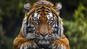 Closeup of a tigers powerful muscles tensed and ready for the perfect moment to strike its unsuspecting prey photo