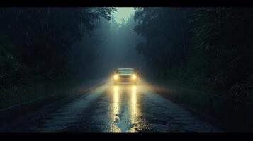 In this footage headlights on a rainsoaked road create a surreal and dreamy effect as they p by at a slow and steady pace photo