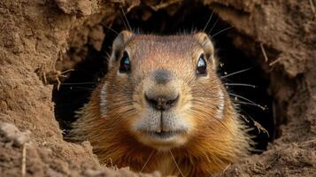 Closeup of a marmots face framed by the opening of its burrow its inquisitive expression and twitching whiskers capturing the playful and curious nature of these creatures photo