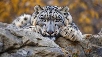 Closeup of the snow leopards alert expression as it surveys its territory and blends in with its surroundings a true master of camouflage photo